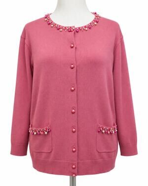 Judith Hart Woman 2X Pink Silk Blend Beaded Pearl Cardigan Sweater